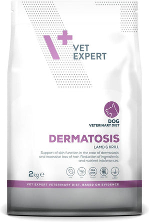 Granule VetExpert VD 4T Dermatosis s jehněčím a krillem pro psy s citlivou kůží, 2 kg.