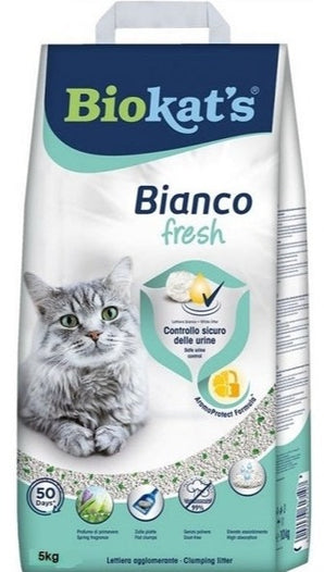 Podestýlka Biokat's Bianco Fresh Control 10kg – Hrudkující stelivo s kontrolou zápachu, balení 10 kg.