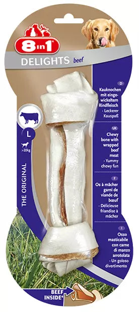 Kost žvýkací Delights Beef L 1ks – Žvýkací kost pro psy s hovězím masem, velikost L, balení 1ks