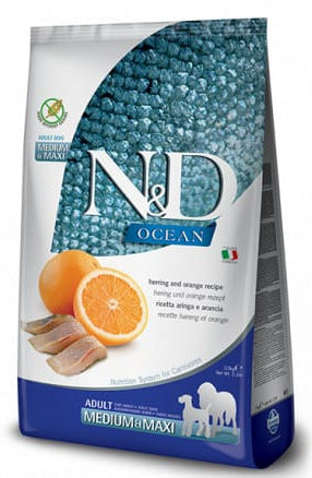 N&D OCEAN DOG Adult M/L Herring & Orange, 12 kg, krmivo s treskou a pomerančem.