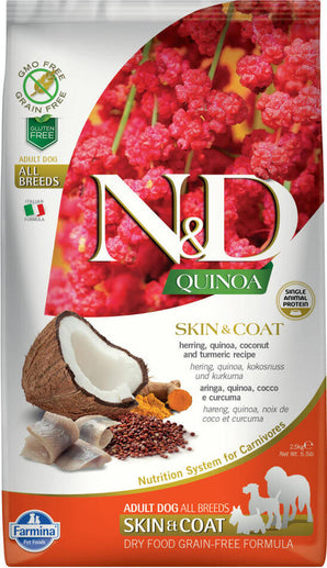 N&D Quinoa DOG Skin & Coat, Herring, all breeds, 2,5 kg, krmivo pro všechny rasy.