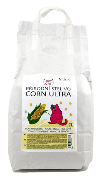 Podestýlka Rebel Cat přírodní,hrudkující Corn Ultra 7l - Přírodní hrudkující podestýlka z kukuřice, ekologická a šetrná k životnímu prostředí.