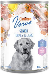 Calibra Dog Verve konz. GF Senior Turkey&Lamb 400 g, bezobilná konzerva s krůtím a jehněčím masem pro starší psy.