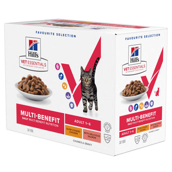 Hill's Vet Essentials Adult Chicken Salmon 12 x 85g – Kuřecí a lososové krmivo pro dospělé kočky, balení 12 x 85g.
