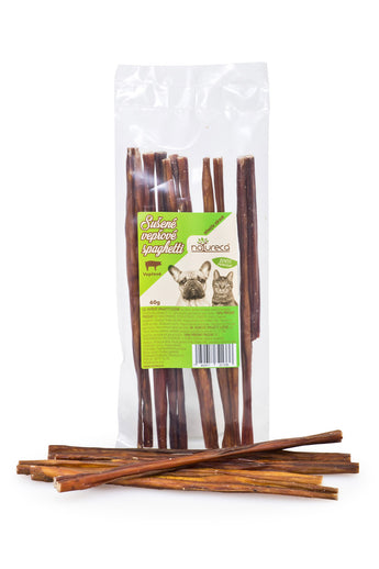 NATURECA pochoutka Vepřové spaghetti sušené 60g - lahodná sušená pochoutka pro psy z vepřového masa, ideální pro odměnu nebo jako svačinka.