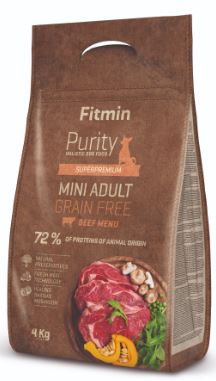 Granule Fitmin dog Purity Grain Free Adult Mini s hovězím masem pro malé psy, 4 kg.