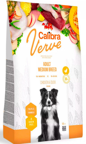 Calibra Dog Verve GF Adult Medium Chicken&Duck 12 kg, bezobilné krmivo s kuřetem a kachnou pro střední plemena.