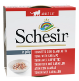 Schesir Cat konz. Adult tuňák/kreveta 85g - Kapsa pro dospělé kočky s tuňákem a krevetami, ideální pro kočky, které milují mořské plody.