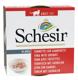 Schesir Cat konz. Adult tuňák/kreveta 85g - Kapsa pro dospělé kočky s tuňákem a krevetami, ideální pro kočky, které milují mořské plody.