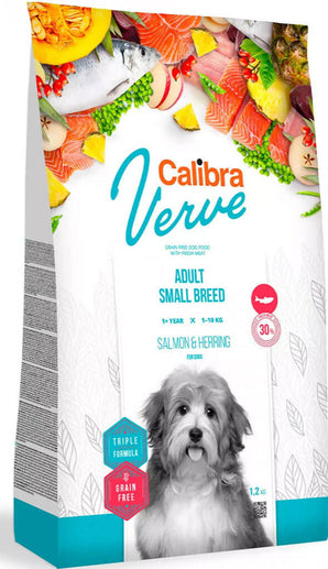 Calibra Dog Verve GF Adult Small Salmon&Herring 1,2 kg, bezobilné krmivo s lososem a sleděm pro malá plemena.