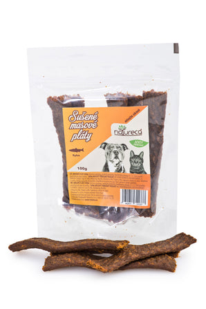 NATURECA pochoutka Masové pláty Ryba 100%maso 100g, balení sušených rybích plátů pro psy, přírodní pamlsek bez přidaných látek.