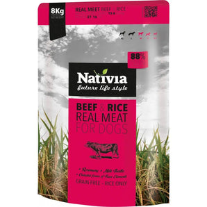 Nativia Real Meat Beef&Rice 8kg - balení kvalitního krmiva pro psy s hovězím masem a rýží