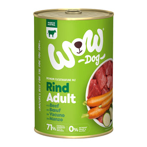 WOW konzerva Hovězí s karotkou Adult 400g - konzerva pro dospělé psy s hovězím a karotkou, podpora trávení a zpevnění srsti.