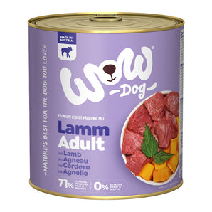 WOW konzerva Jehněčí s dýní Adult 800g - větší balení pro dospělé psy, podpora zdraví pleti a trávení.