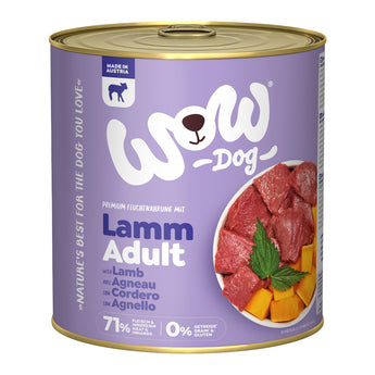 WOW konzerva Jehněčí s dýní Adult 800g - větší balení pro dospělé psy, podpora zdraví pleti a trávení.