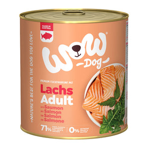WOW konzerva Losos s rajčaty Adult 800g - větší balení pro dospělé psy, ideální pro podporu vitality a zdraví.