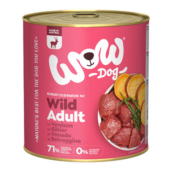 WOW konzerva Zvěřina s batáty Adult 800g - větší balení konzervy pro dospělé psy, ideální pro zdravé trávení a vitalitu.