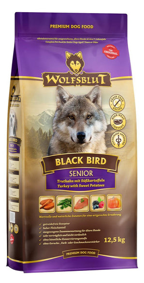Granule Wolfsblut Dog Senior Black Bird s křepelkou pro starší psy, 12,5 kg.