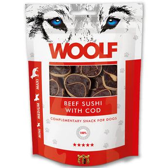 WOOLF pochoutka beef sushi with cod 100g - Chutné pamlsky z hovězího masa a tresky, ideální pro posílení imunitního systému a zdraví srsti.